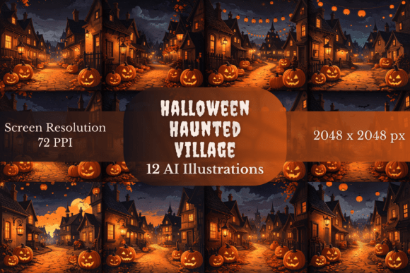 Bring a Haunting Charm to Your Designs with Halloween Haunted Village Illustrations