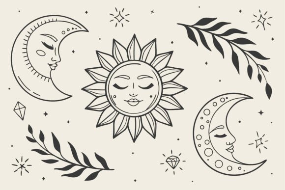 Celestial Sun Moon with Botanical Gems: A Guide to Whimsical Line Art and Digital Design